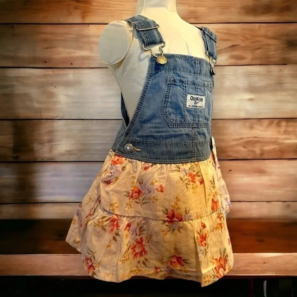 OshKosh B'gosh‎ Denim Overalls Dress Floral Ruffle Baby Girl 18 Months